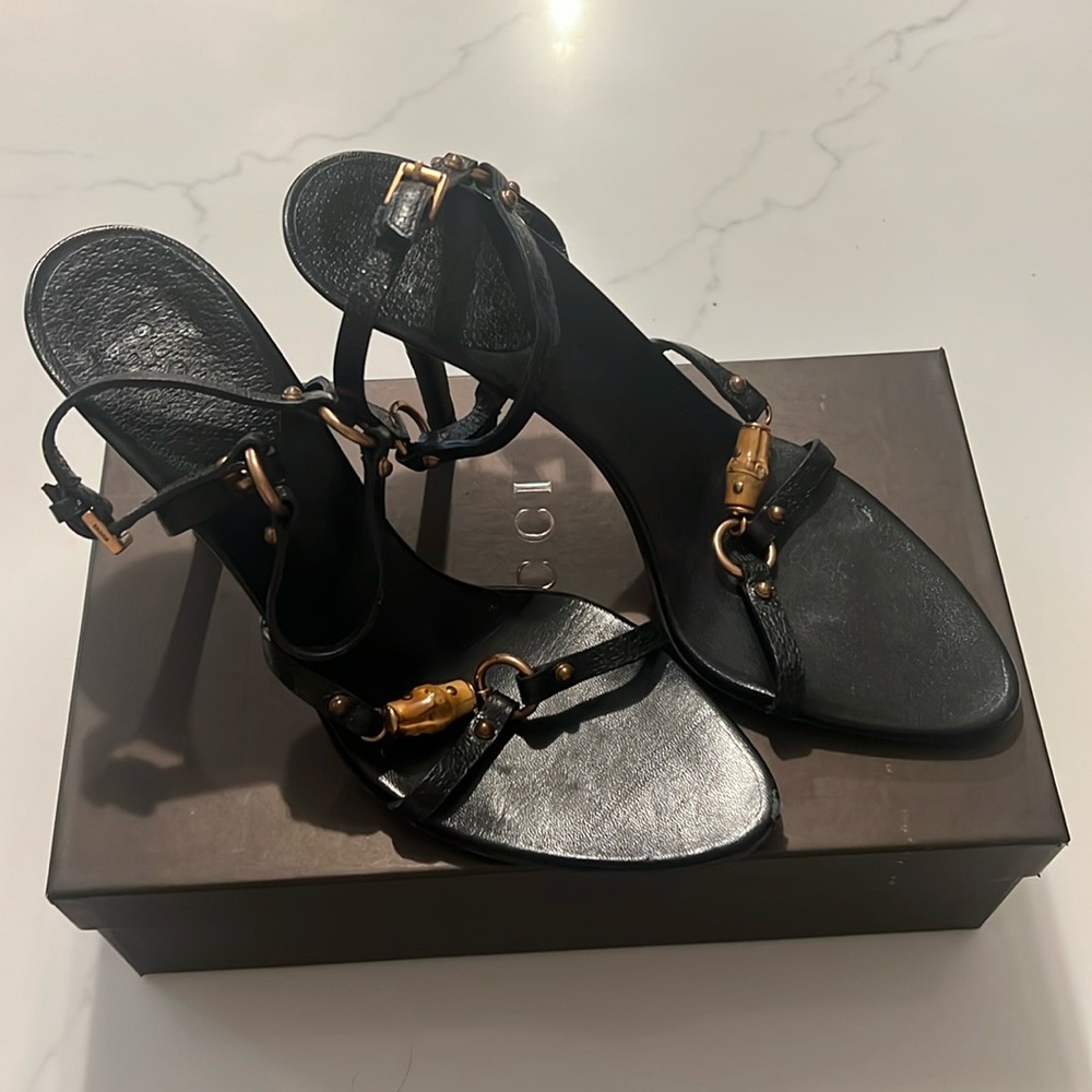 Gucci Brown Strappy Suede Heeled Sandals Bamboo